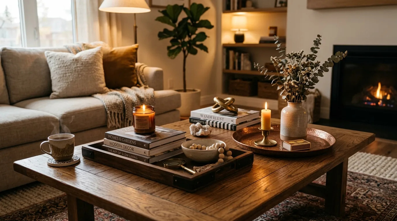 Let the table shape guide the styling inspiration for a coffee table centerpiece.